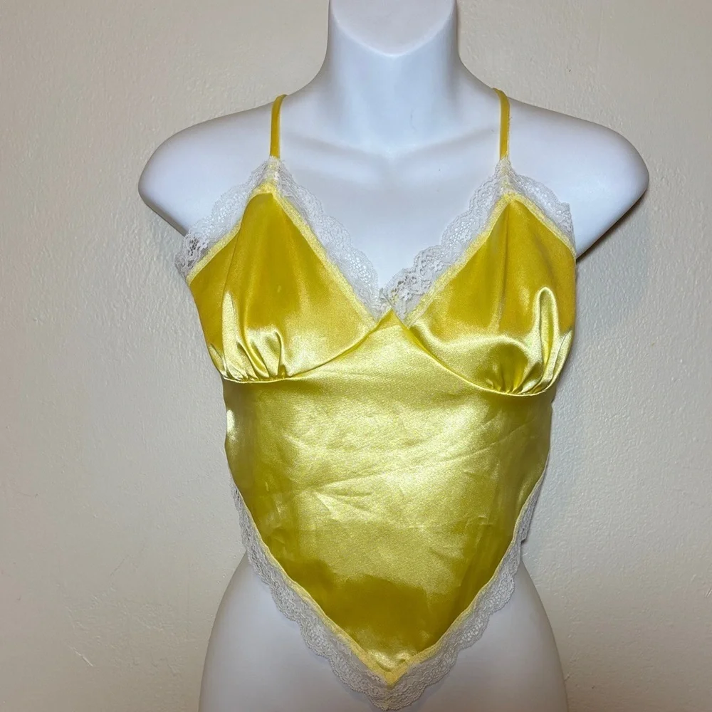 Fashion Nova Yellow Satin Lace Chemise